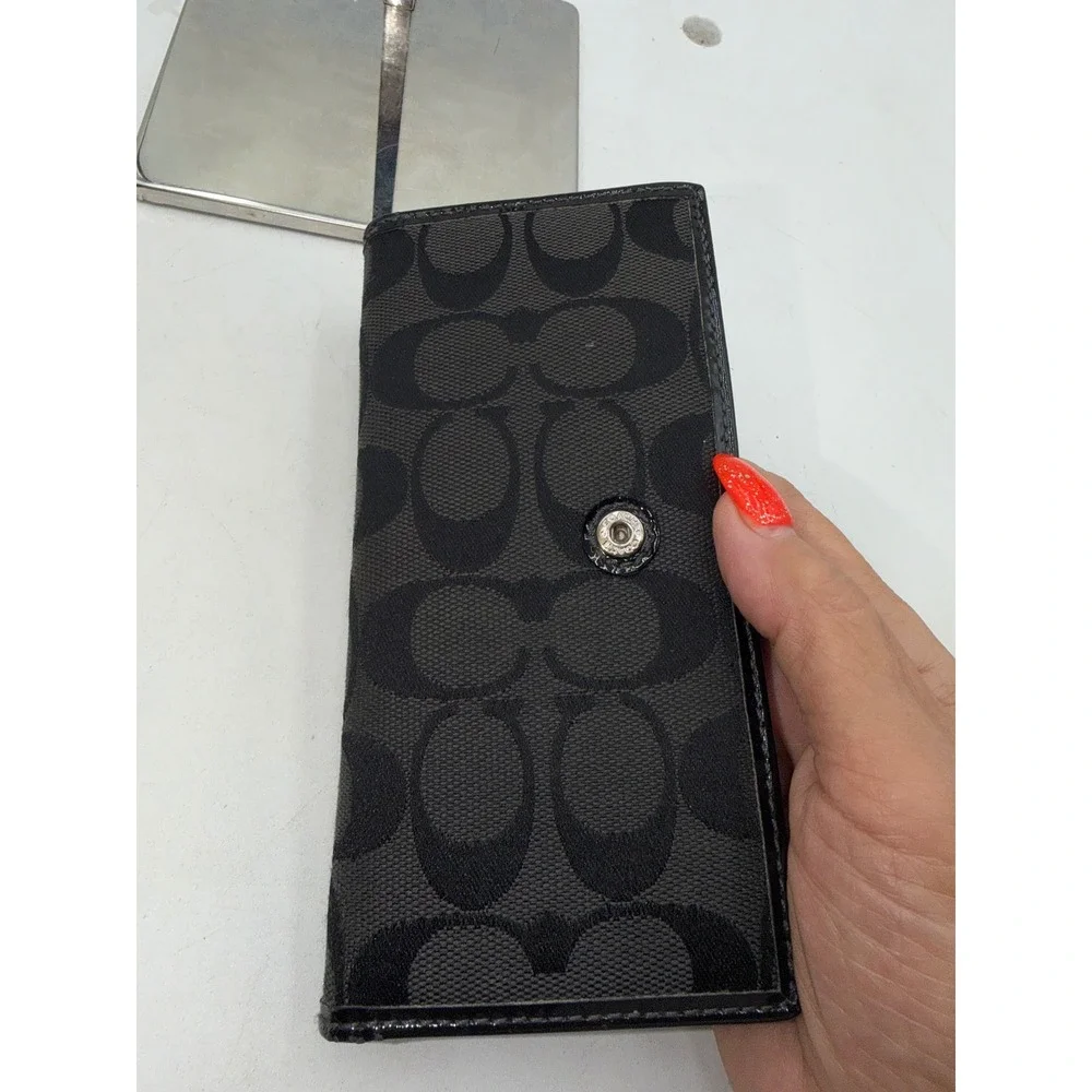 Coach Signature Jacquard Slim Bifold Wallet Black Patent Trim Snap Closure